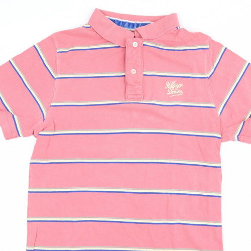 Hilfiger Denim Women’s Pink Striped Cotton Polo Shirt L Short Sleeve