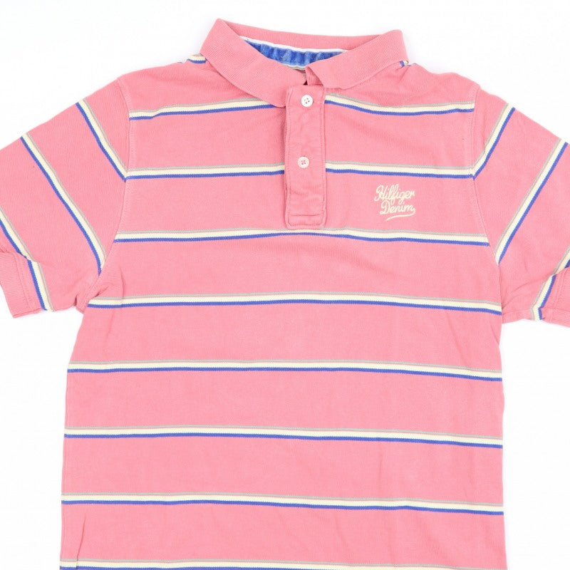 Hilfiger Denim Women’s Pink Striped Cotton Polo Shirt L Short Sleeve