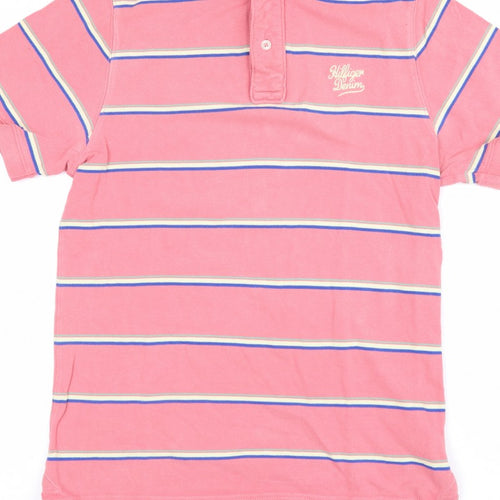 Hilfiger Denim Women’s Pink Striped Cotton Polo Shirt L Short Sleeve