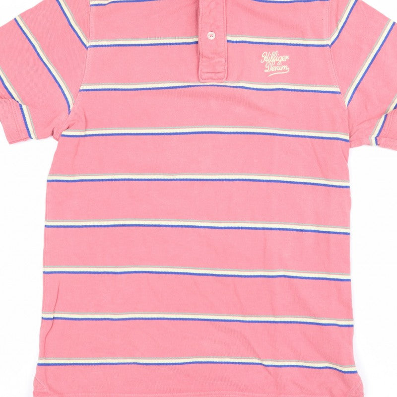 Hilfiger Denim Women’s Pink Striped Cotton Polo Shirt L Short Sleeve