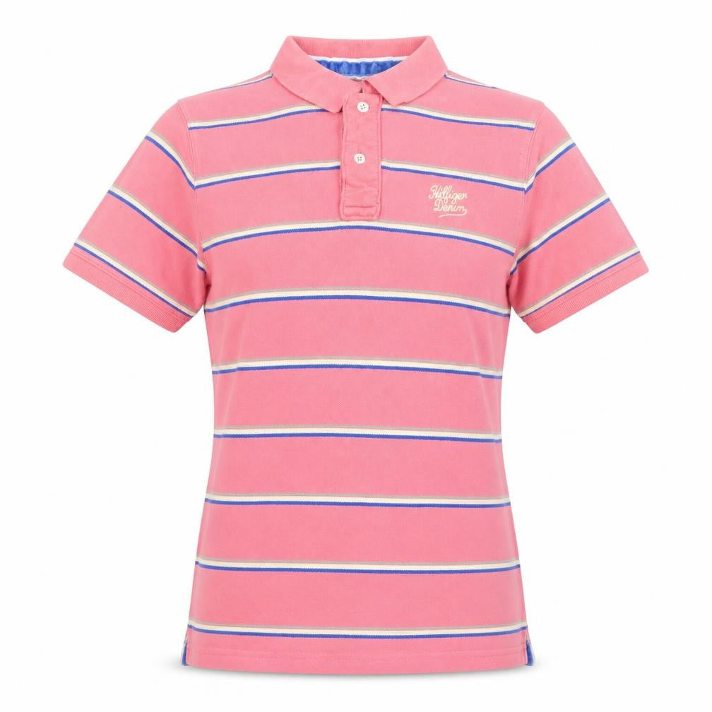 Hilfiger Denim Women’s Pink Striped Cotton Polo Shirt L Short Sleeve