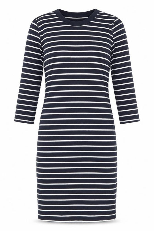 Front view of French Connection Women Black White Stripe Jersey Jumper Dress UK 10