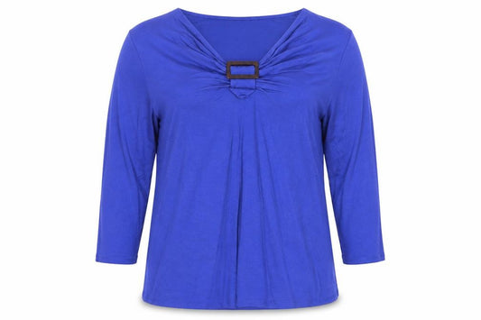 CC Women’s Blue 2XL Jersey V-Neck Buckle 3/4 Sleeve Blouse