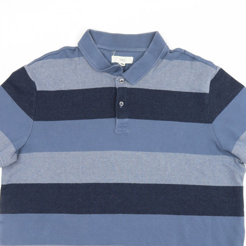 Marks & Spencer Men’s Blue 2XL Regular Striped Short Sleeve Polo Shirt