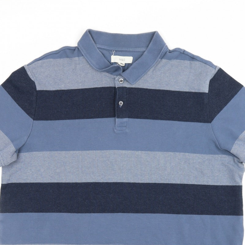 Marks & Spencer Men’s Blue 2XL Regular Striped Short Sleeve Polo Shirt