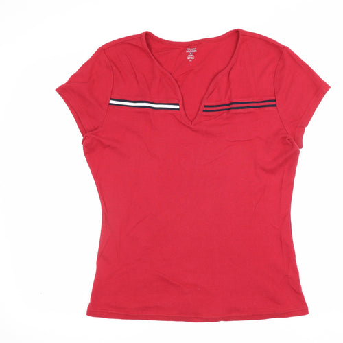 Tommy Hilfiger Women Red L V-Neck Striped Trim Slim T-Shirt