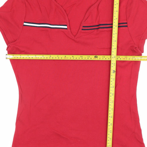Tommy Hilfiger Women Red L V-Neck Striped Trim Slim T-Shirt