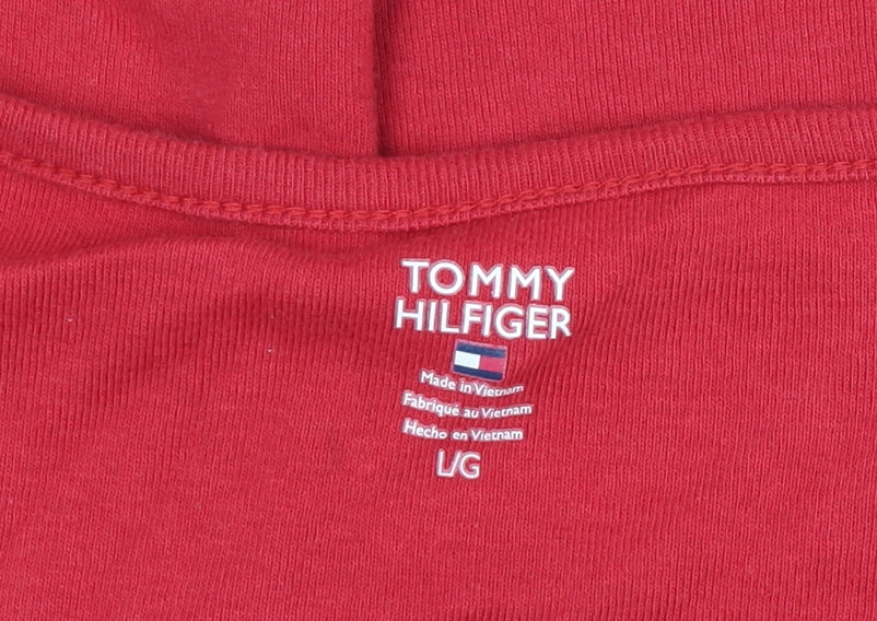Tommy Hilfiger Women Red L V-Neck Striped Trim Slim T-Shirt