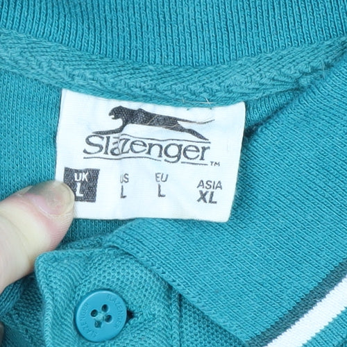 Slazenger Men's Green L Short Sleeve Cotton Pique Polo Shirt Logo