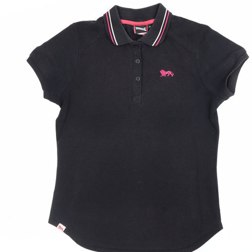 Lonsdale Women's Black UK 10 Ringer Polo Shirt Pink Trim Short Sleeve