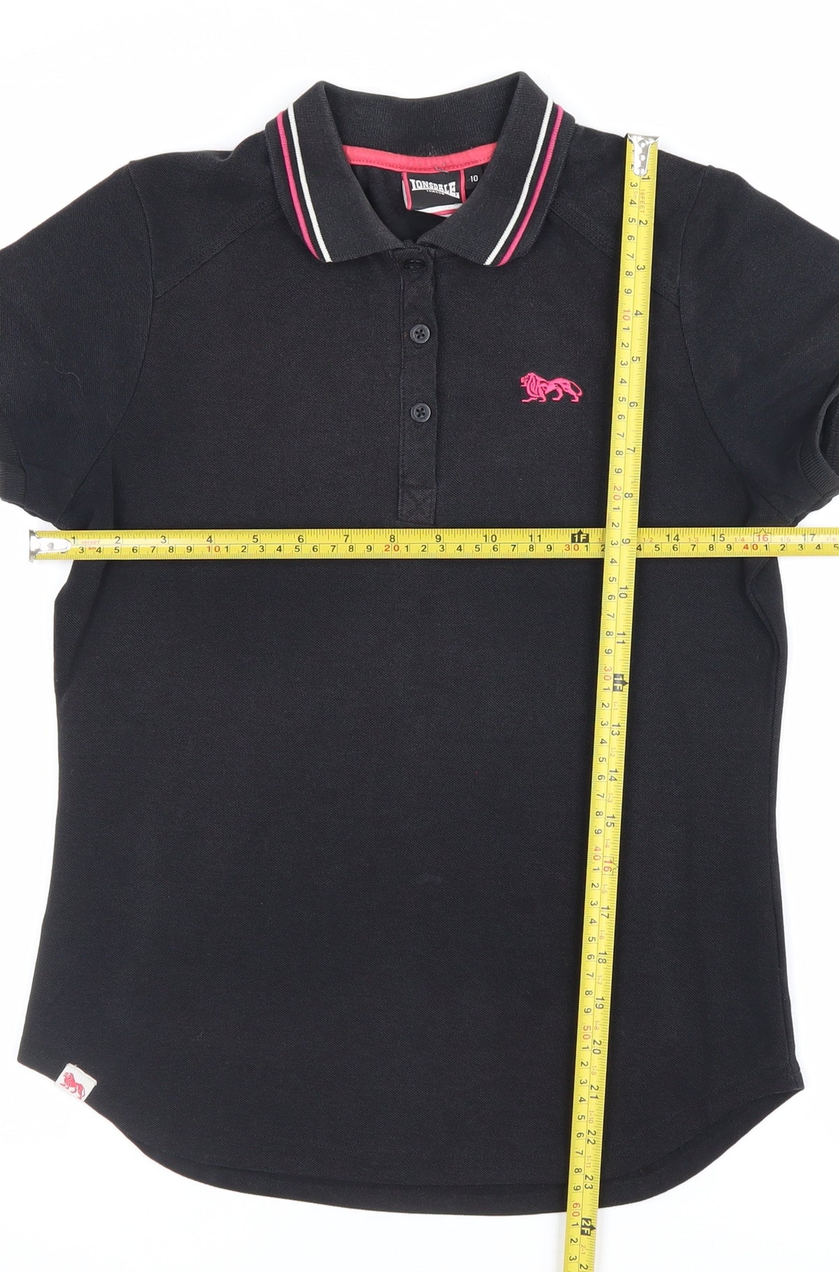 Lonsdale Women's Black UK 10 Ringer Polo Shirt Pink Trim Short Sleeve