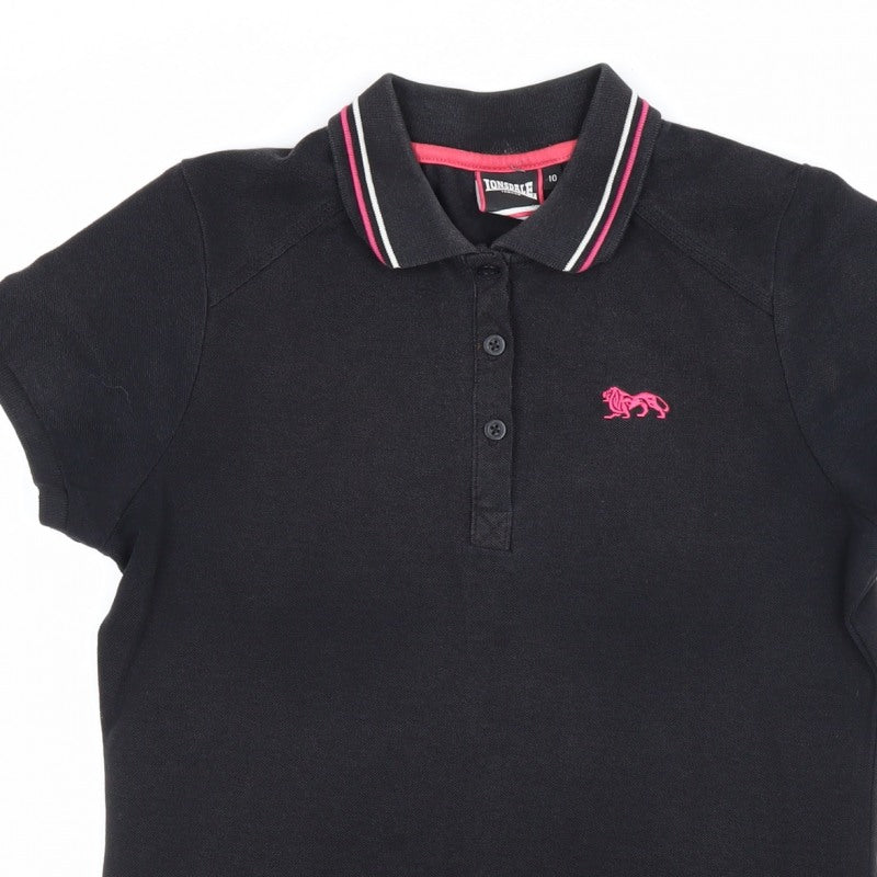 Lonsdale Women's Black UK 10 Ringer Polo Shirt Pink Trim Short Sleeve