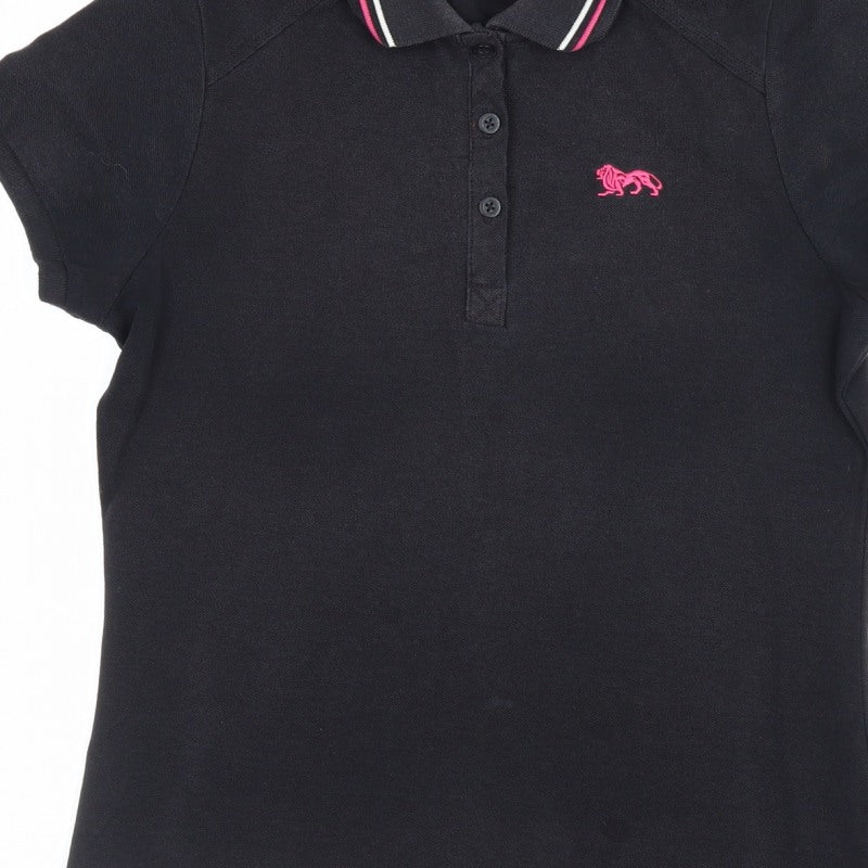 Lonsdale Women's Black UK 10 Ringer Polo Shirt Pink Trim Short Sleeve