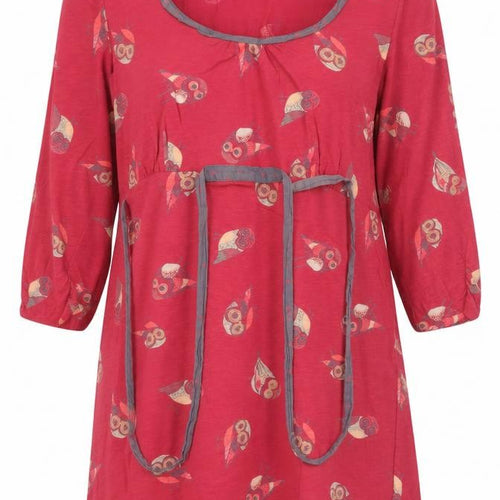 Little White Lies Women Red UK 16 Owl Cotton Tunic Blouse 3/4 Sleeve