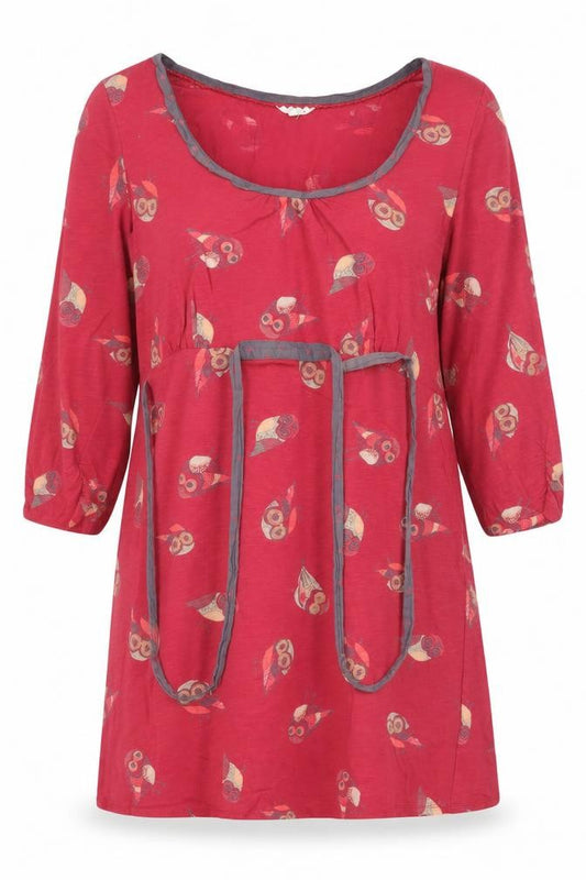 Little White Lies Women Red UK 16 Owl Cotton Tunic Blouse 3/4 Sleeve