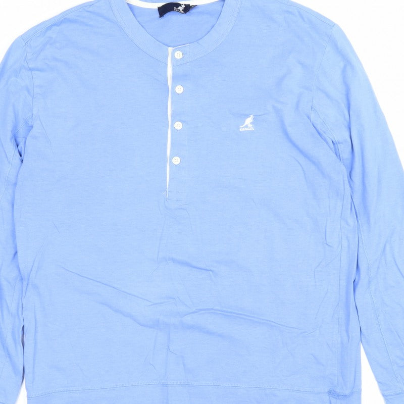Kangol Men's Blue M Long Sleeve Cotton Henley T-Shirt Logo