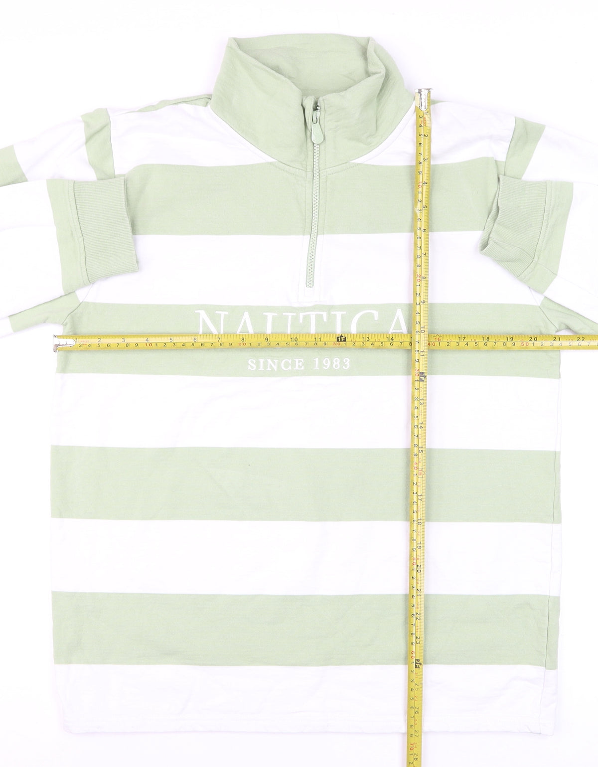 Close-up detail of Nautica Men Multicoloured M 1/4 Zip Striped Logo Sweatshirt