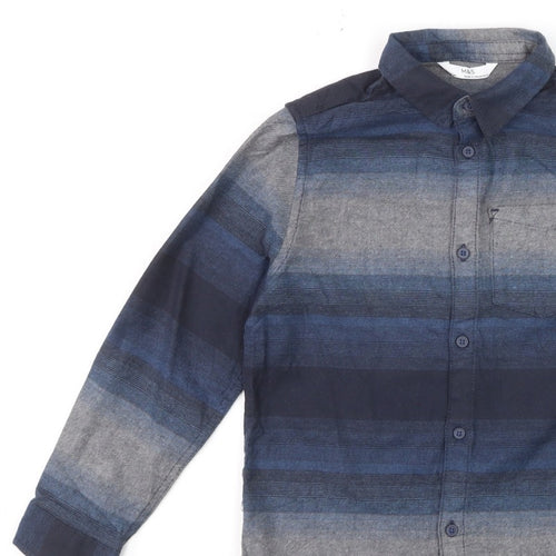 Marks and Spencer Boys Blue Striped Button-Up Shirt 7-8 Years Long Sleeve