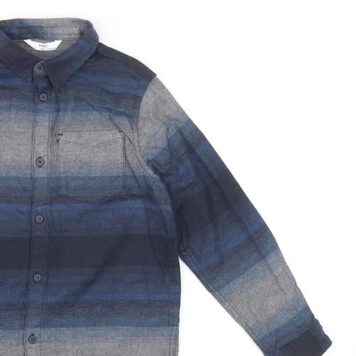 Marks and Spencer Boys Blue Striped Button-Up Shirt 7-8 Years Long Sleeve