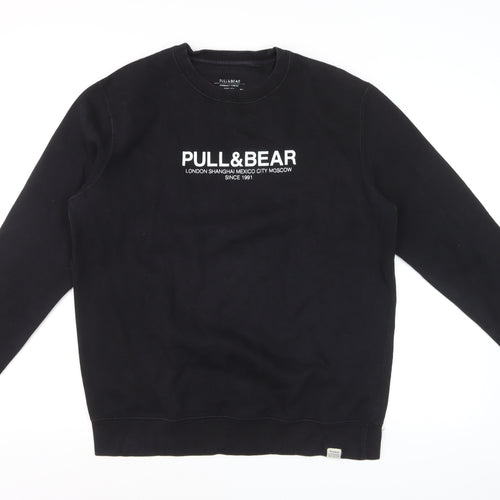 Pull&Bear Men’s Black L Logo Graphic Crew Neck Pullover Sweatshirt