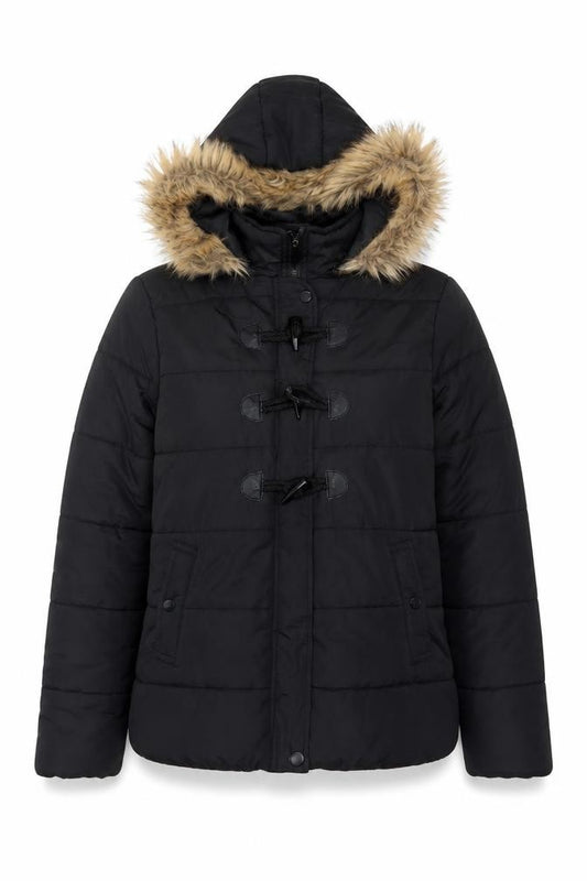 QED LDN Women’s Black UK 8 Hooded Fur Trim Puffer Jacket