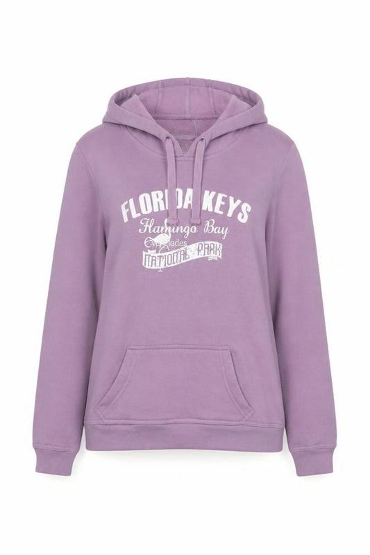 Front view of Denim Co Women Purple UK 14 Pullover Hoodie Florida Keys Graphic