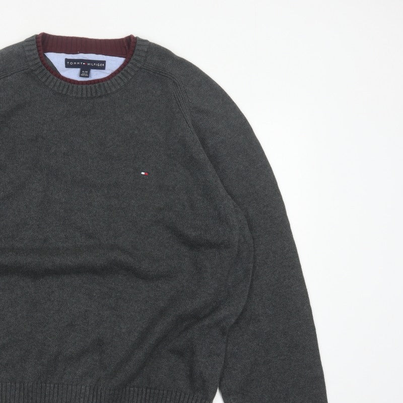 Tommy Hilfiger Men’s Grey Cotton Crew Neck Logo Pullover Jumper XL
