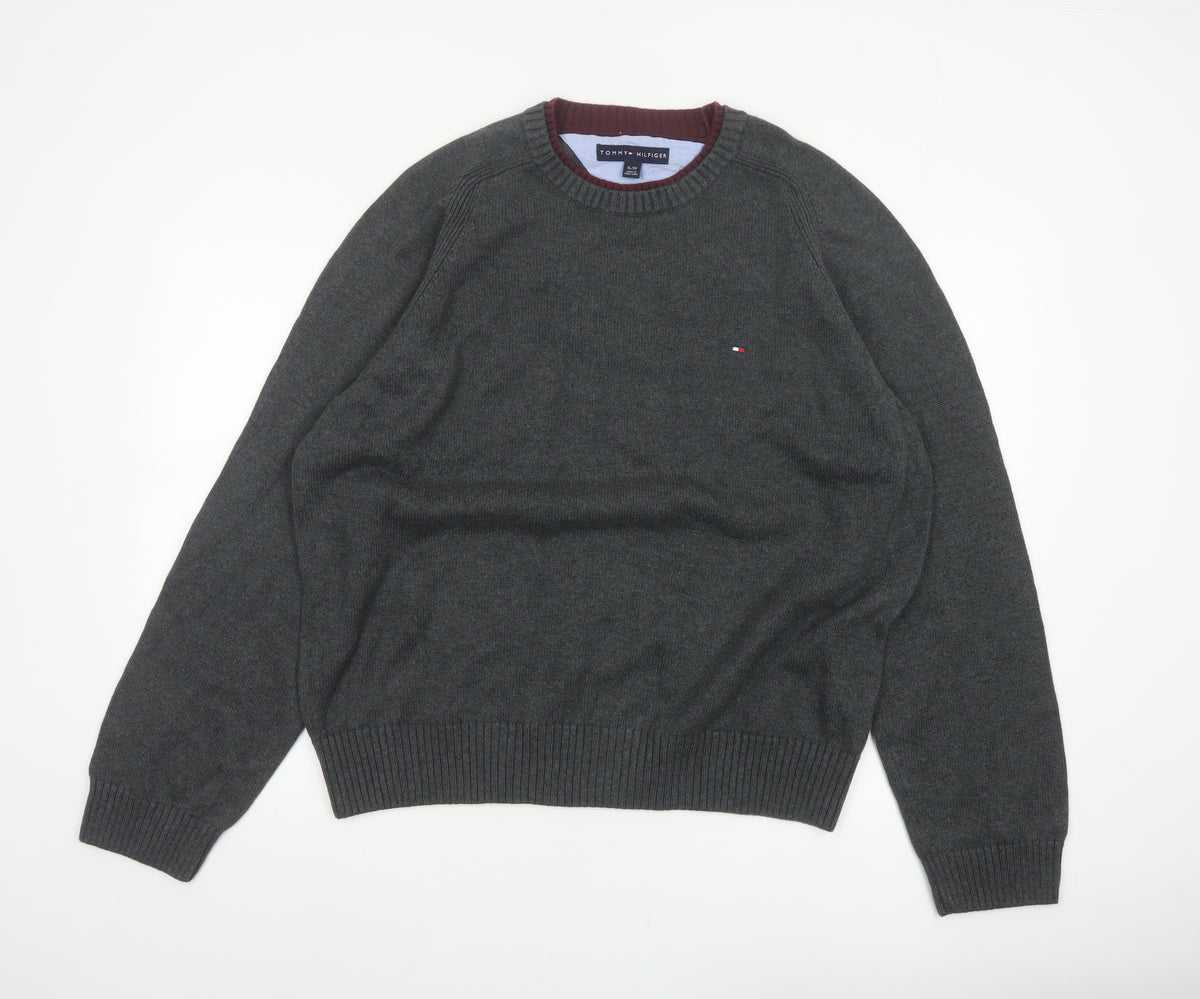 Tommy Hilfiger Men’s Grey Cotton Crew Neck Logo Pullover Jumper XL