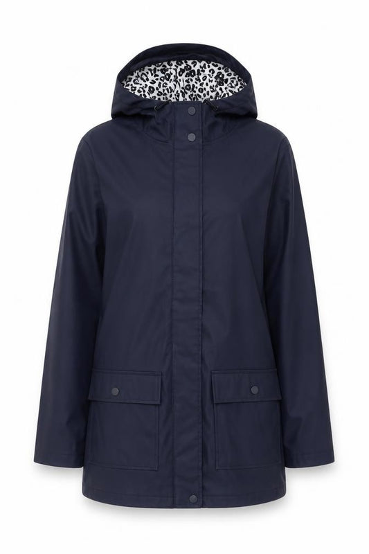 Front view of Dorothy Perkins Women’s Blue Leopard Hooded Rain Jacket UK 6