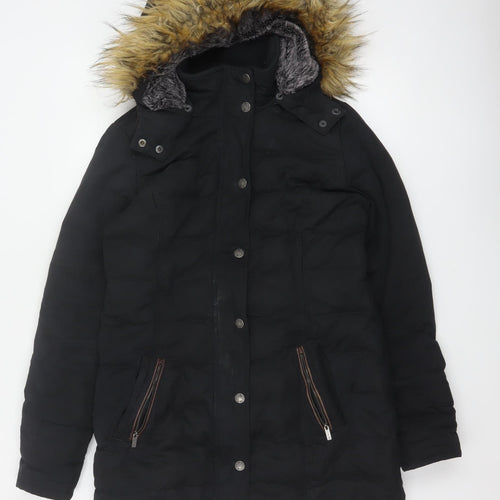FatFace Women's Black UK 10 Long Hooded Fur Trim Parka Puffer Coat