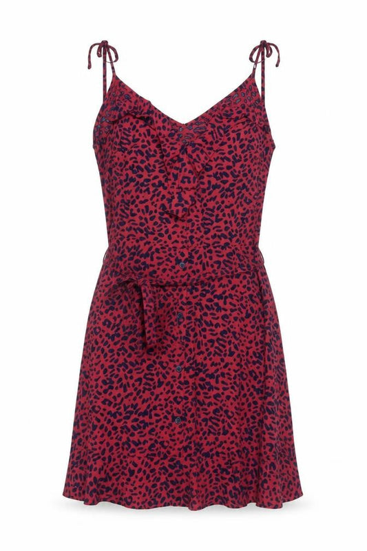 Front view of Oasis Women Red Animal Print UK 12 Skater Mini Tie Strap Dress