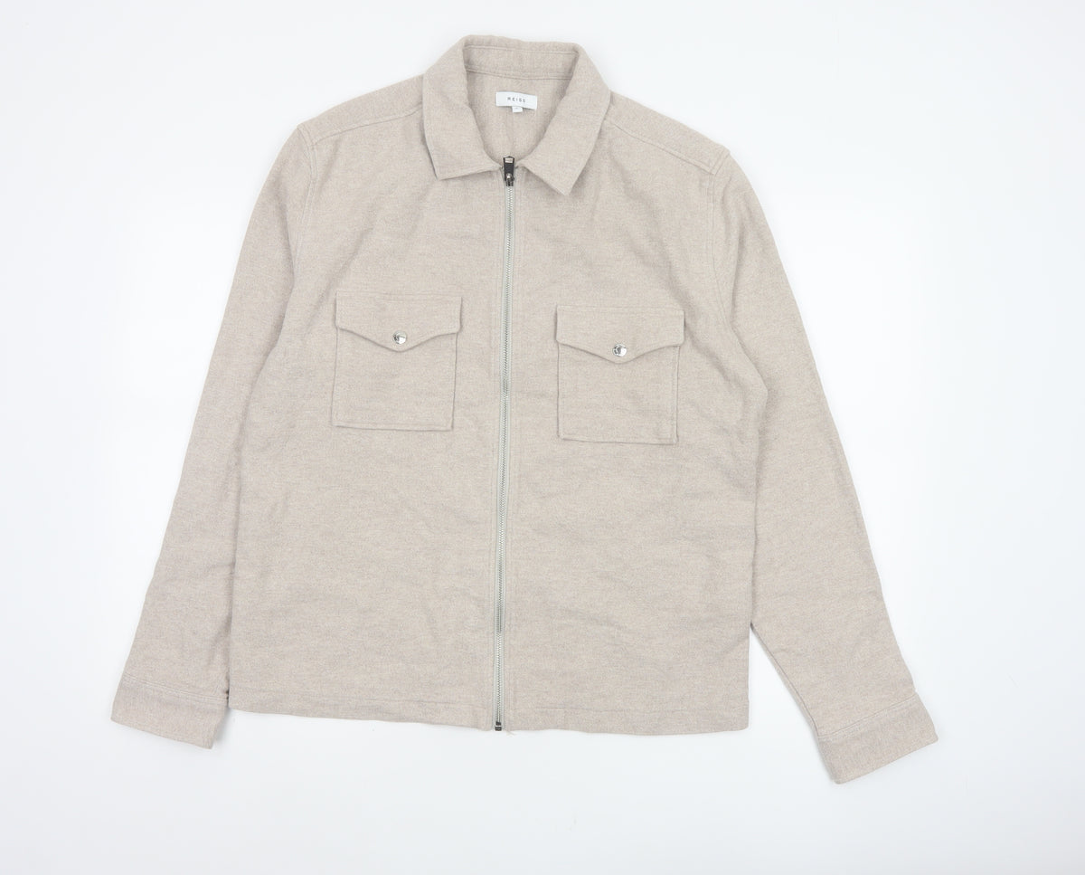 Reiss Men’s Beige L Cotton Full Zip Basic Jacket Collared