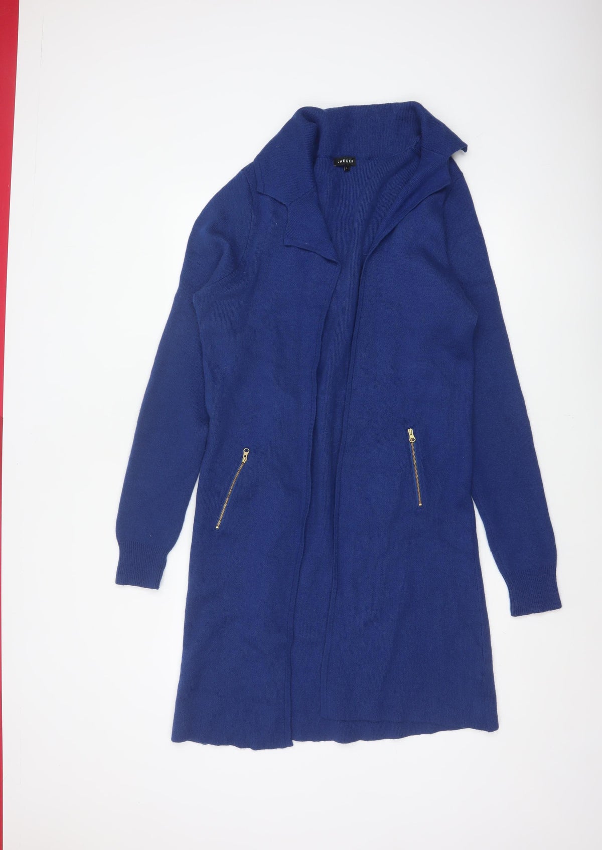 Jaeger Women’s Blue L Longline Open Knit Cardigan Zip Pockets