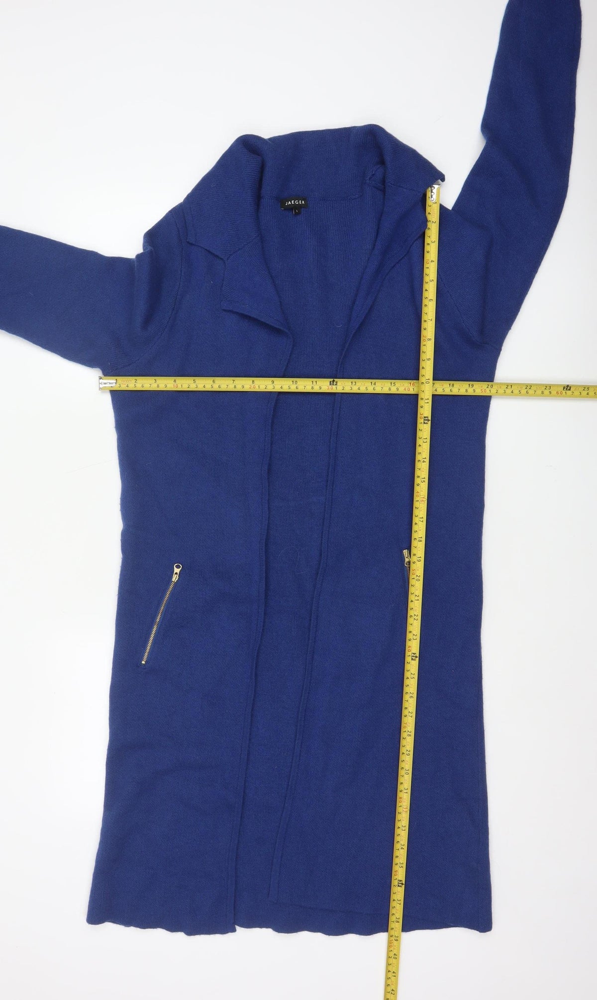 Jaeger Women’s Blue L Longline Open Knit Cardigan Zip Pockets