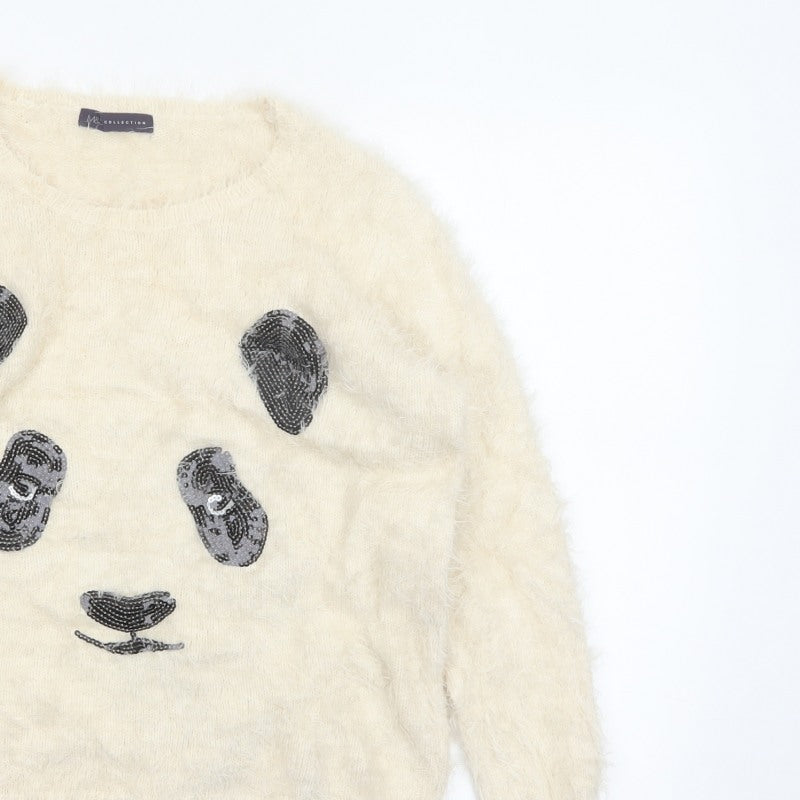 M&S Women Ivory UK 14 Cat Face Sequin Fuzzy Knit Pullover Jumper