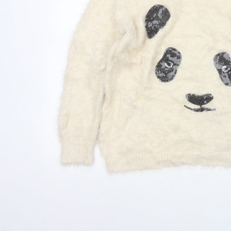 M&S Women Ivory UK 14 Cat Face Sequin Fuzzy Knit Pullover Jumper