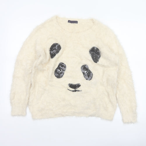 M&S Women Ivory UK 14 Cat Face Sequin Fuzzy Knit Pullover Jumper