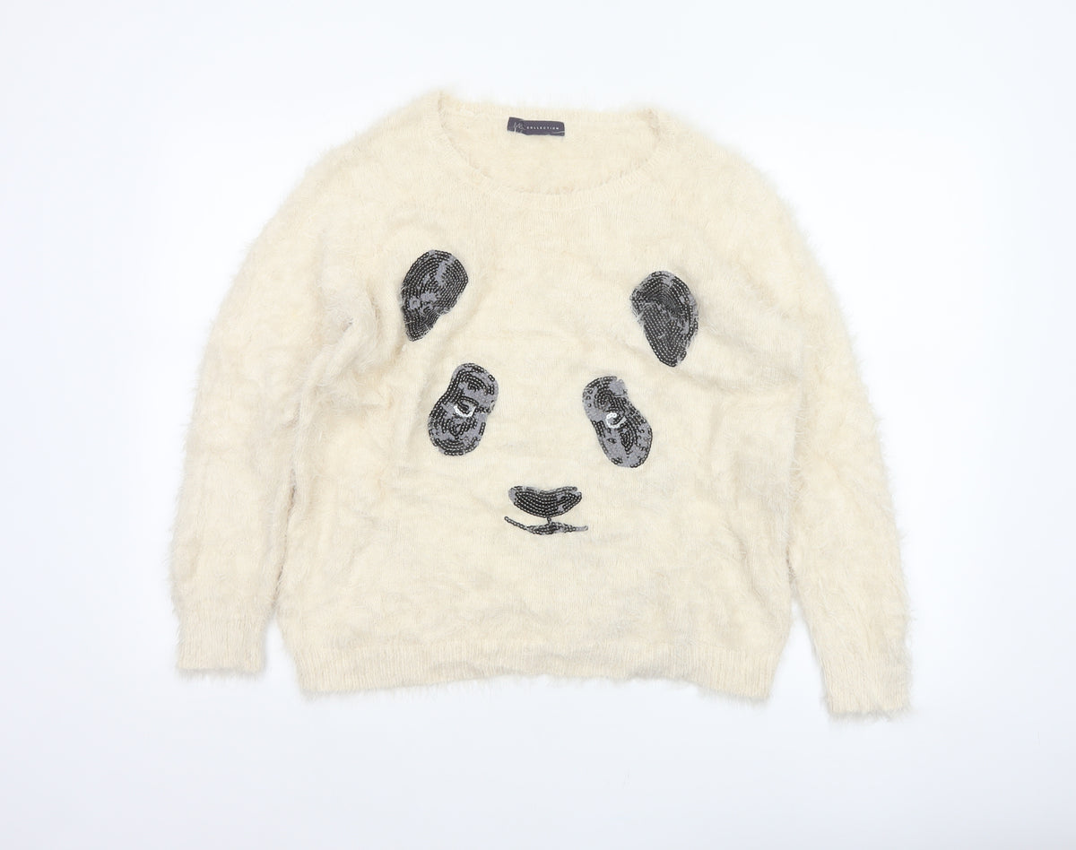 M&S Women Ivory UK 14 Cat Face Sequin Fuzzy Knit Pullover Jumper