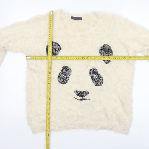 M&S Women Ivory UK 14 Cat Face Sequin Fuzzy Knit Pullover Jumper