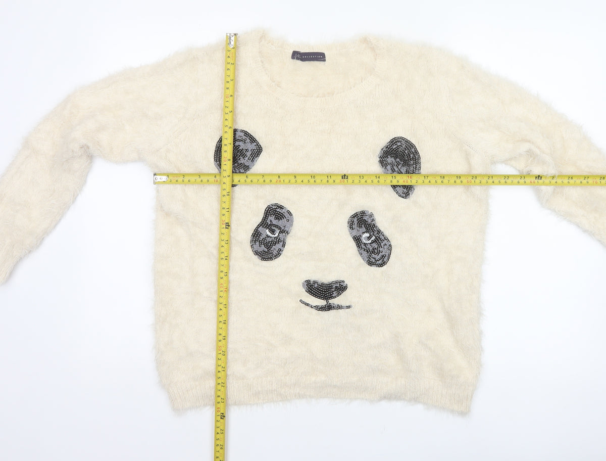 M&S Women Ivory UK 14 Cat Face Sequin Fuzzy Knit Pullover Jumper