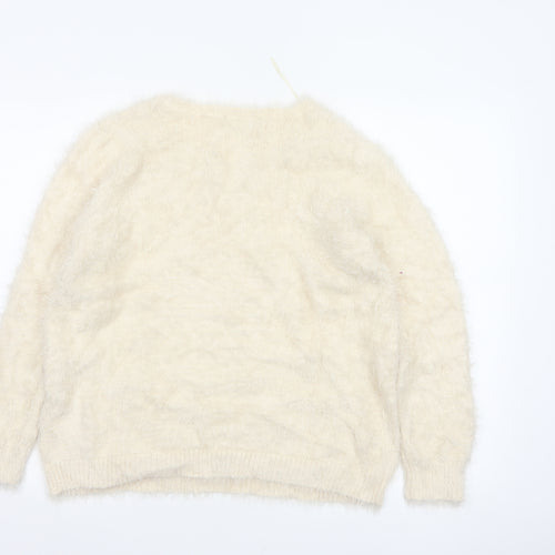 M&S Women Ivory UK 14 Cat Face Sequin Fuzzy Knit Pullover Jumper
