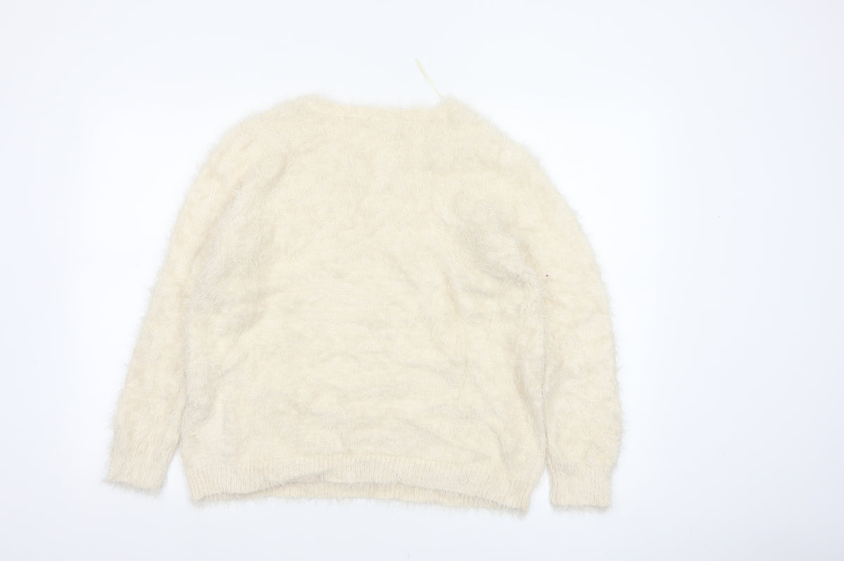 M&S Women Ivory UK 14 Cat Face Sequin Fuzzy Knit Pullover Jumper