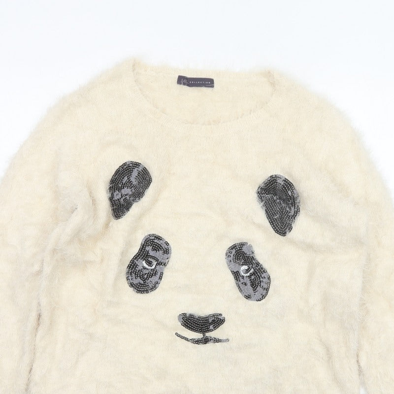 M&S Women Ivory UK 14 Cat Face Sequin Fuzzy Knit Pullover Jumper