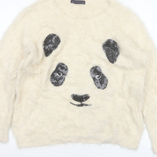 M&S Women Ivory UK 14 Cat Face Sequin Fuzzy Knit Pullover Jumper