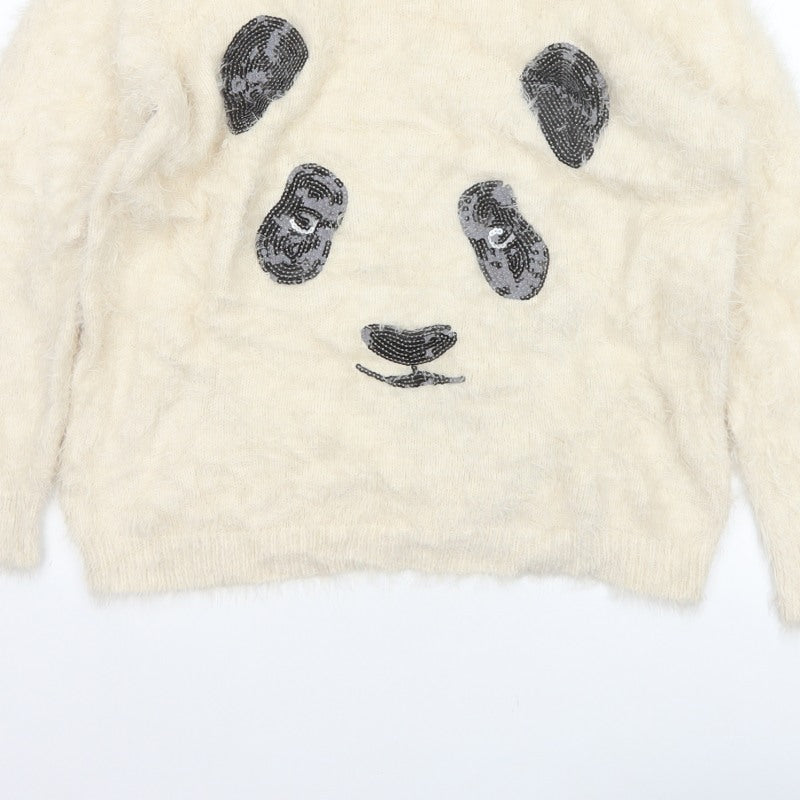 M&S Women Ivory UK 14 Cat Face Sequin Fuzzy Knit Pullover Jumper