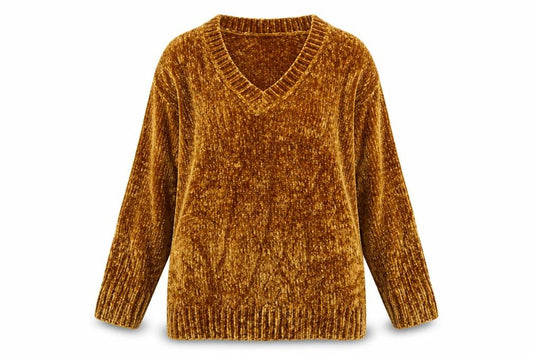 Zara Knit Women’s Brown L V-Neck Chenille Pullover Jumper