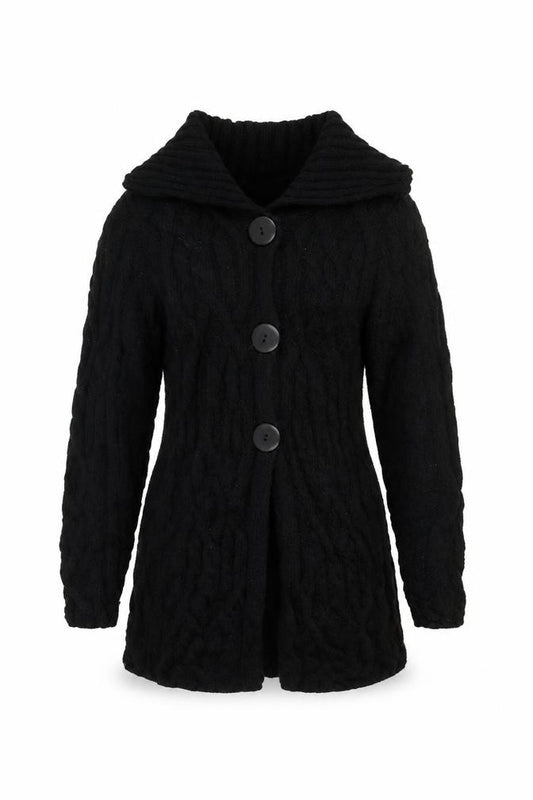 Kilkenny Woollen Mills Women Black M 10 Merino Wool Cable Knit Cardigan