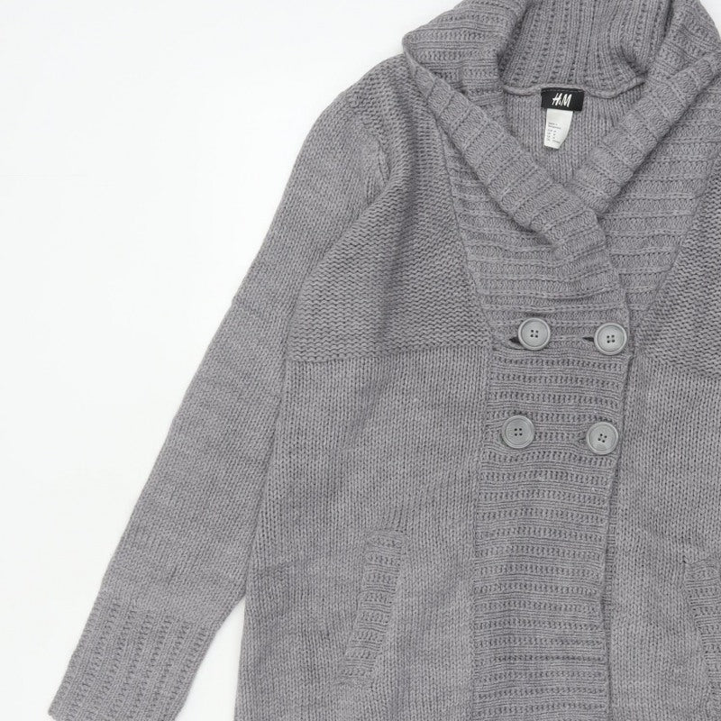 H&M Women Grey M Chunky Knit Button Cowl Neck Cardigan