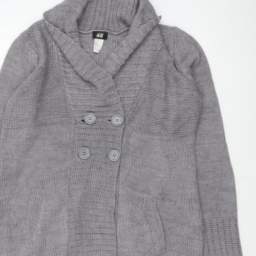 H&M Women Grey M Chunky Knit Button Cowl Neck Cardigan