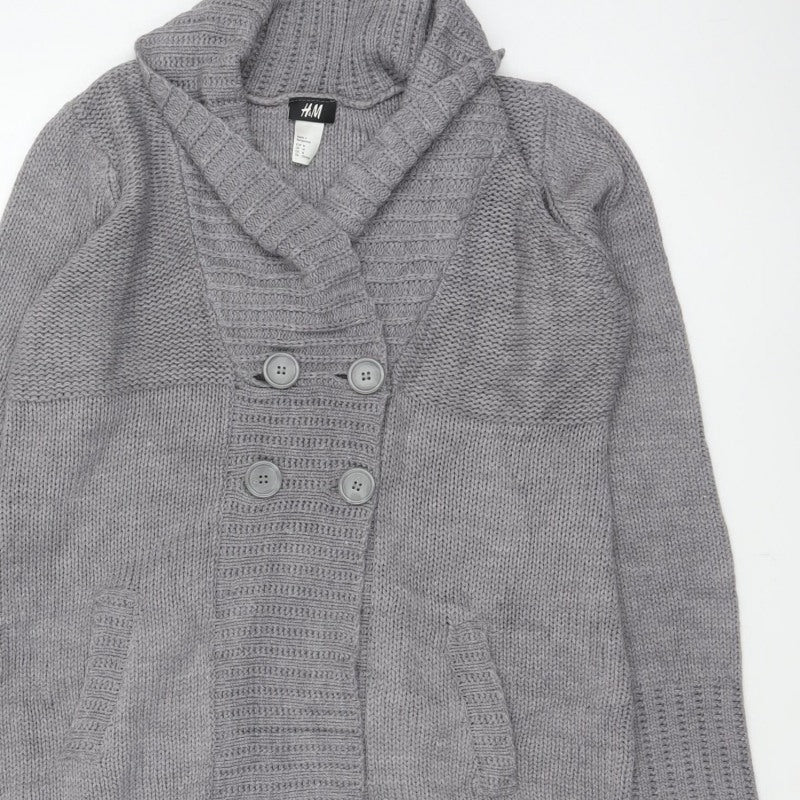 H&M Women Grey M Chunky Knit Button Cowl Neck Cardigan